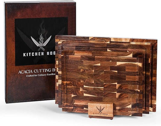 Kitchen Nook Acacia Wood Cutting Board Set - 3 Piece Acacia Cutting Board with Holder, Knife Friendly, Dual Sided, Built-in Handles, & Juice Grooves | 13, 15, & 17 Non Toxic Cutting Boards for Kitchen