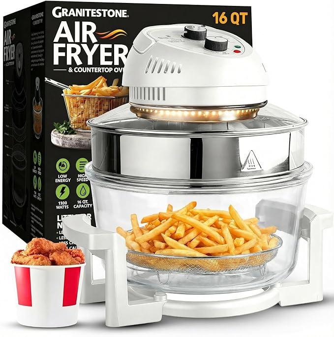 Big Boss 16Qt Large Glass Air Fryer Non Toxic – Family Sized Large Halogen Oven Cooker with 3 Cooking Sections, Stainless Steel Racks, French Fries, Chicken, No Preheat, Self Cleaning, Dishwasher Safe
