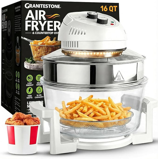 Big Boss 16Qt Large Glass Air Fryer Non Toxic – Family Sized Large Halogen Oven Cooker with 3 Cooking Sections, Stainless Steel Racks, French Fries, Chicken, No Preheat, Self Cleaning, Dishwasher Safe