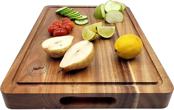 Acacia Wood 16 x 12 x 1.5 inch Thick (40.5 x 30.5 x 4cm) Extra-Large Cutting Board Juice Groove Hand Grips Dark Edge Grain Wooden Butcher Block Chopping Cheese Plate Server Deluxe Birthday Gift