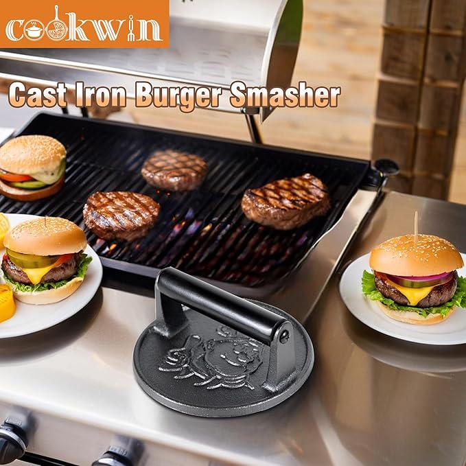 Heavy Duty Cast Iron Smash Burger Press Kit, 7" Hamburger Smasher with Non-Slip Handles, Bacon Meat Weight Press for Steak, Smashburger, Grill and BBQs