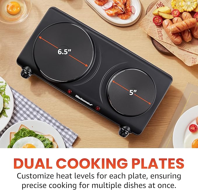 Elite Gourmet EDB-302BF# Countertop Double Cast Iron Burner,1500 Watts Electric Hot Plate,Temperature Controls,Power Indicator Lights,Easy to Clean,Black,(Pack of 3)