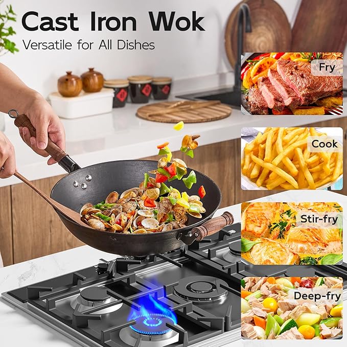 WANGYUANJI 14.2 Inch Cast Iron Wok with Wooden Lid and Stainless Steel Spatula, Large Capacity Flat Bottom Chinese Stir Fry Pan, Non-Toxic Uncoated Cast Iron Wok for Induction, Gas and Electric Stoves