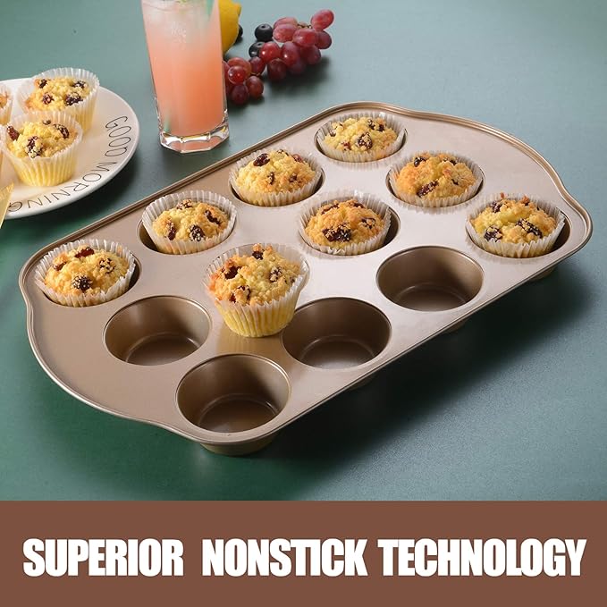 JOHO BAKING 2 Pack Nonstick Muffin Pan Set, 12-Cup Heavy Duty Cupcake Baking Pan with Handles - PFOA-Free Muffin Tin, Rust Proof & Warp Resistant, Oven Safe 430°F (Gold)