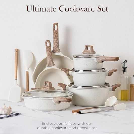 Country Kitchen Pots and Pans Set Nonstick, Cast Aluminum Kitchen Cookware Set with Utensils, 14 Pcs Non Stick Cooking Set w/Frying Pans & Saucepans, Cream