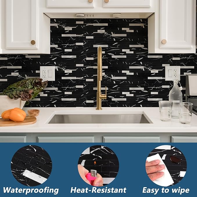 Yipscazo 10 Sheets Peel and Stick Stone Metal Backsplash Tiles, PVC Wall Tiles Stick on Backsplash for Kitchen, Bathroom (6'' X 12'', Black Rock)