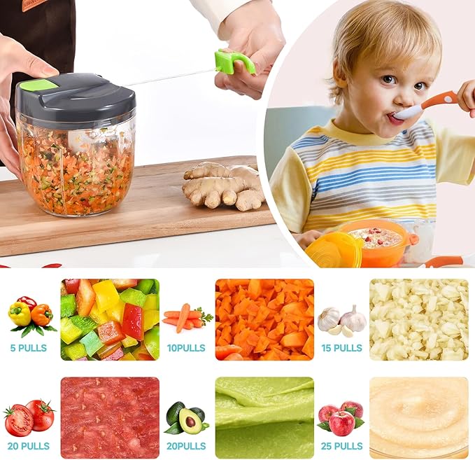 Ziweaye Manual Food Processor Vegetable Chopper, Portable Hand Pull String Garlic Mincer Onion Cutter for Veggies, Ginger, Fruits, Nuts, Herbs, etc., （900ml,Gray-green）