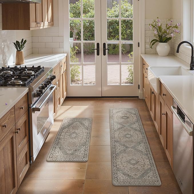 GENIMO Kitchen Mats for Floor, 2PCS Kitchen Rugs Non Slip Washable, Waterproof Anti Fatigue Mat, Comfort Standing Runner Rug for Sink, Office, Laundry, Home, 17.3"x59"+17.3"x30", Brown