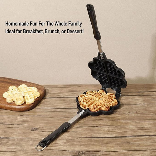 Waffle Maker Pan, Makes 5 Mini Heart Shaped Waffles, Stovetop Use for Gas Cooker Campfire, Aluminum Easy Clean, for Family Breakfast