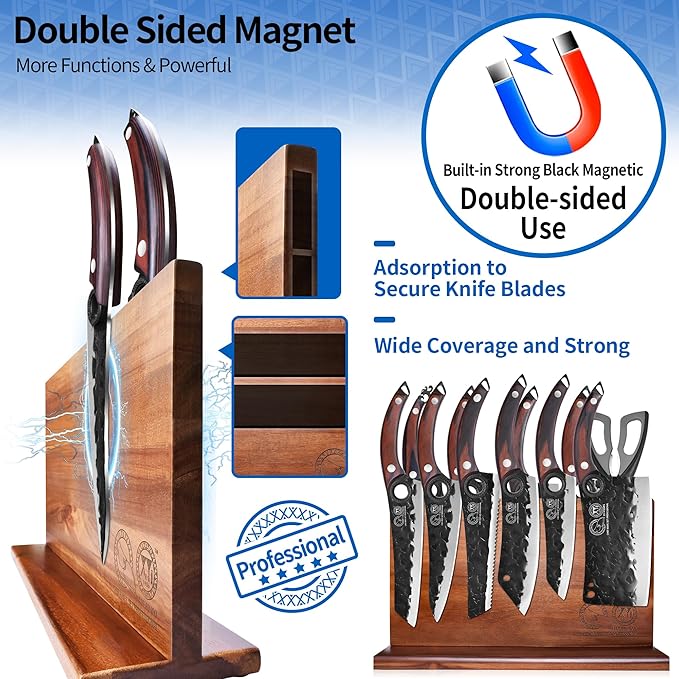 XYJ Authentic Since 1986,Knife Block Set,High Carbon Steel Forged Blades,Kitchen Knives Set with Wooden Magnetic Knife Block,Sharpening Steel,Cutting Board,Cleaver Slicing Knife,Wood Handle