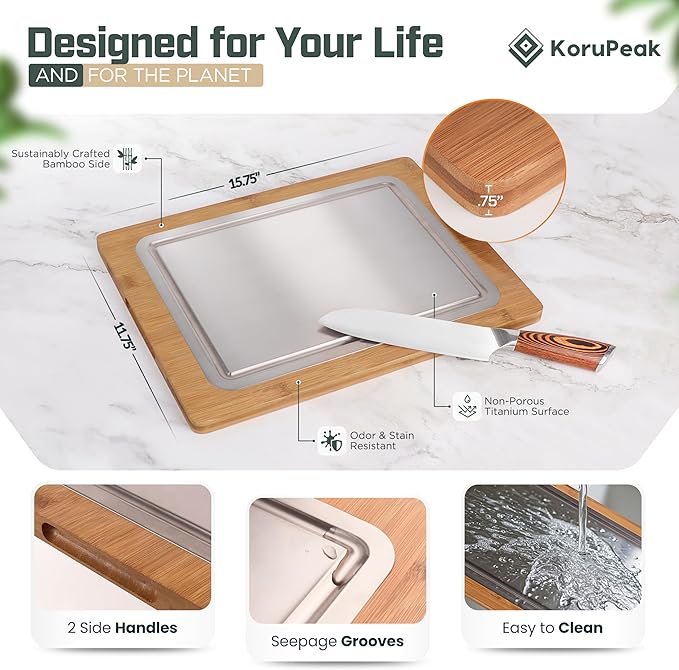 KoruPeak Pure Titanium Cutting Board - Double-Sided Titanium Cutting Boards for Kitchen with Bamboo Side - Large 16"x12"