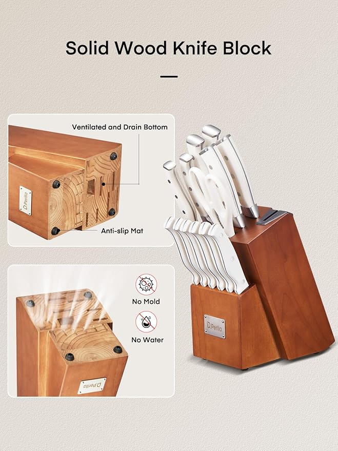 Knife Set, D.Perlla 15 Pieces Kitchen Knife Set with Built-in Sharpener, Stainless Steel kitchen Knives with Unique Waved Pattern, Non-slip Handle, Brown