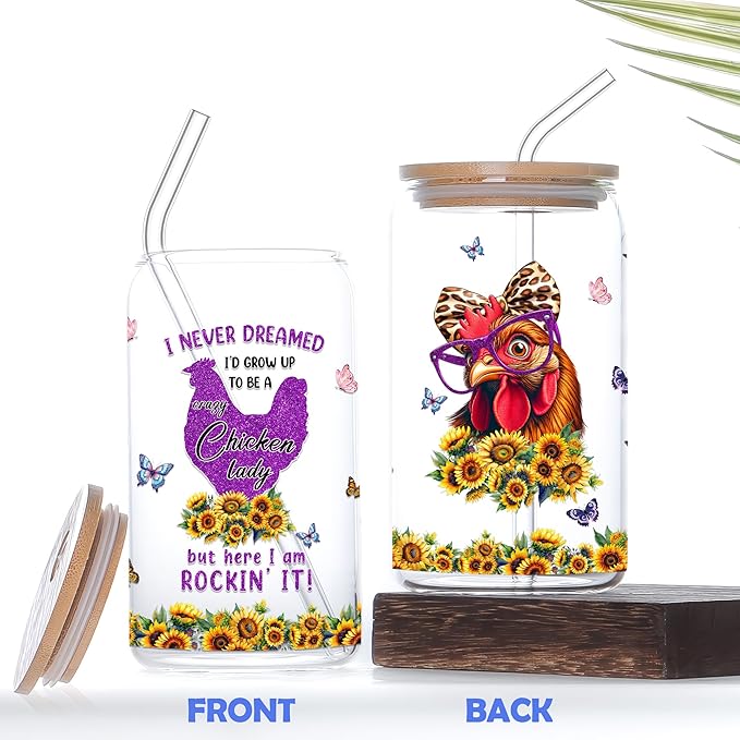 Chicken Gifts for Women 16 Oz Glass Cup with Lid and Straw Chickens Lady Coffee Mug Farm Animal Drinking Cups Mothers Day Birthday Christmas Gift Ideas for Farmer Mom Aunt Friends