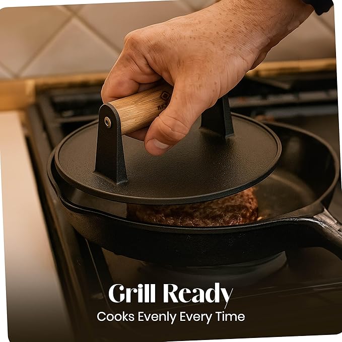 3-in-1 Cast Iron Smash Burger Press, 7.2'' Pre-Seasoned Cast Iron Hamburger Smasher, Grill Bacon Meat Press Tool Heat Resistant Burger Smasher for Griddle, Food, Chef