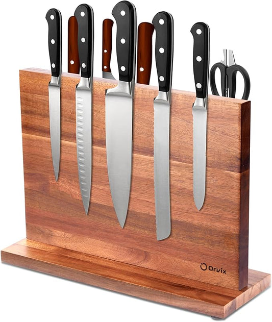 Magnetic Knife Block Double Sided, Magnetic Knife Holder for Kitchen Counter, Acacia Wood Knife Block Without Knives with Anti-Skid Base