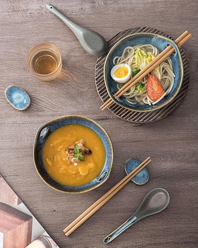 UNICASA Japanese Ramen Bowl Set with Chopsticks, Spoons and Rests, 20oz Deep Porcelain Noodle Bowl Set of 2 for Udon, Pho, Salad, Soup (Volcano Blue)