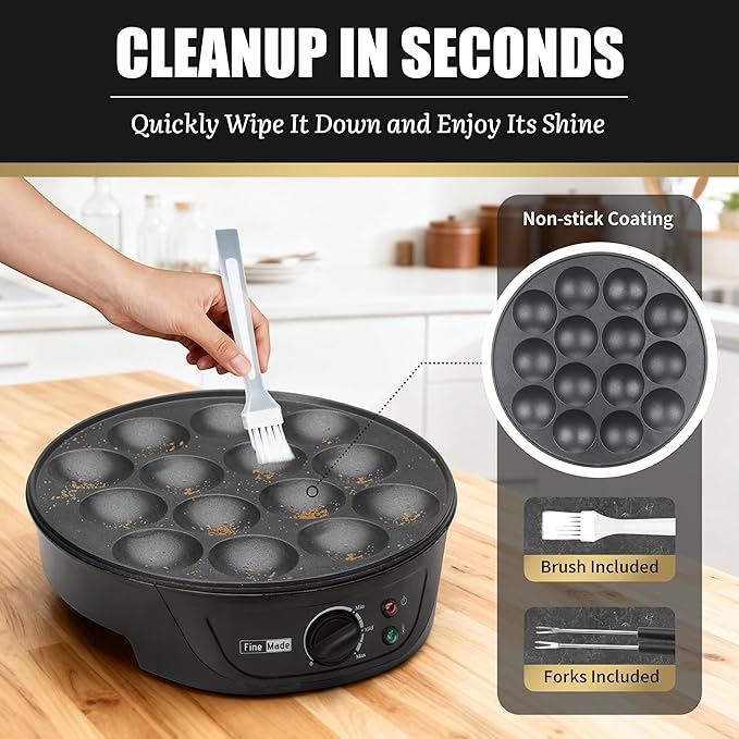 Non Stick Mini Pancakes Maker Machine, Electric Poffertjes Pan with Browning Control, Small Ebelskiver Aebleskiver Pan, Dutch Mini Pancake Maker, with Brush & Forks, 14 Slots, Black