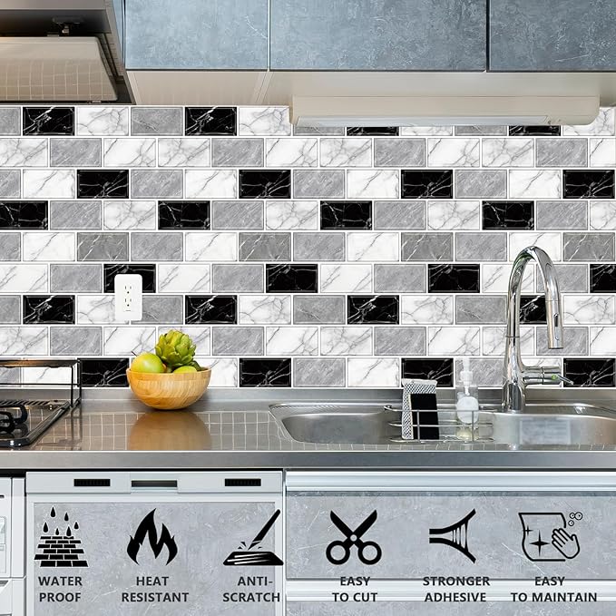 URCOLOR 10-Sheet Back Splashes for Kitchens Peel and Stick,12"x12" Self Adhesive Stick on Backsplash for Bathroom Black White Grey Marble Look