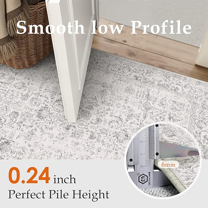 Gray Area Rug 4x6 Office Entryway Rug Machine Washable Kitchen Vintage Distressed Non Slip Carpet Indoor Grey Retro Floral Accent Throw Door Mat for Bathroom Bedroom Dining Living Room