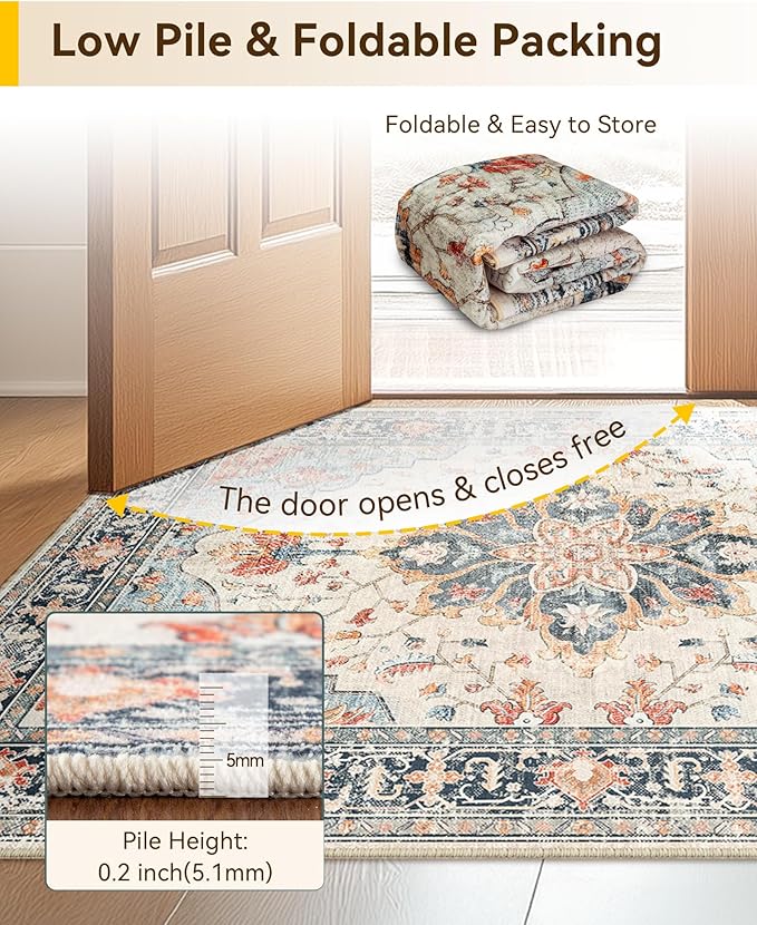 Area Rugs 2'x7' Runner Rug Non Slip Washable for Kitchen Hallway Bedroom Beside Laundry Room Bathroom Rug, Floor Carpet, Beige Navy Blue Orange Colorful