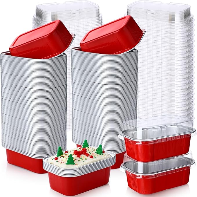 Vesici 100 Sets Mini Loaf Pans with Lids, 5.7 oz Disposable Aluminum Foil Baking Cups, Rectangle Cake Pans for Pudding Desserts Muffin Baking Storage Valentines Wedding Birthday Party(Red)