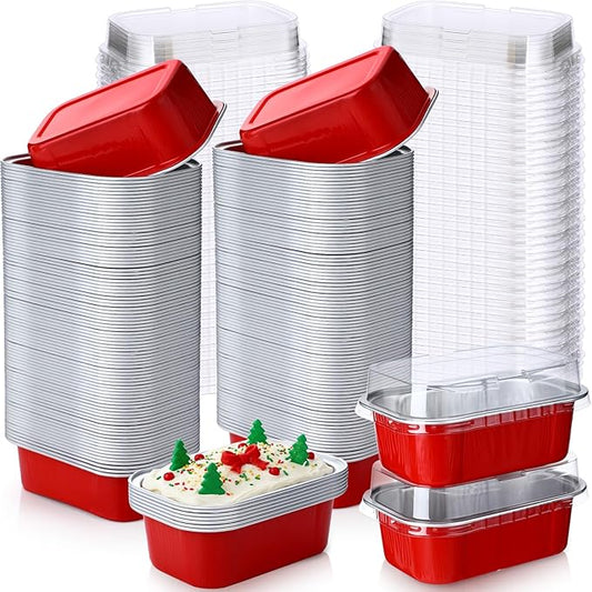 Vesici 100 Sets Mini Loaf Pans with Lids, 5.7 oz Disposable Aluminum Foil Baking Cups, Rectangle Cake Pans for Pudding Desserts Muffin Baking Storage Valentines Wedding Birthday Party(Red)