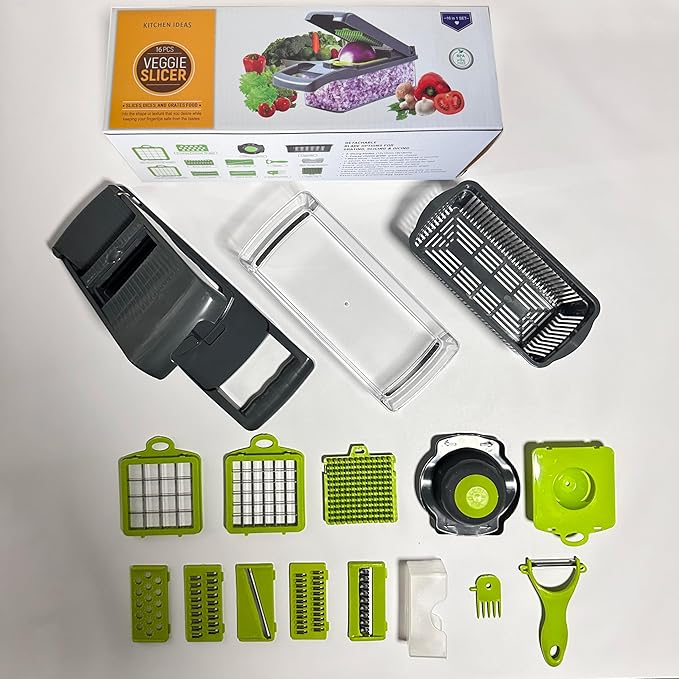 16-in-1 Vegetable Chopper Pro - Stainless Steel, BPA-Free | Mandoline Slicer & Dicer Set with Drain Basket, Compact 13" Storage, Safe for Kids