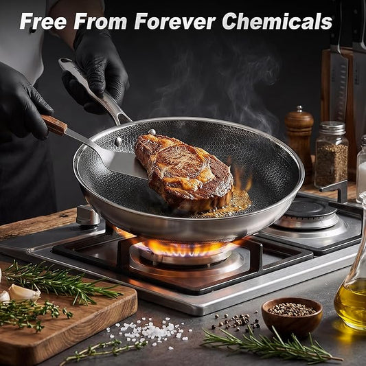 KC-Emier 12 Inch Non-Stick Frying Pan with Lid Tri-Ply Stainless Steel Pan with Stay-Cool Handle Oven & Dishwasher Safe For Induction, Ceramic & Gas Stovetops