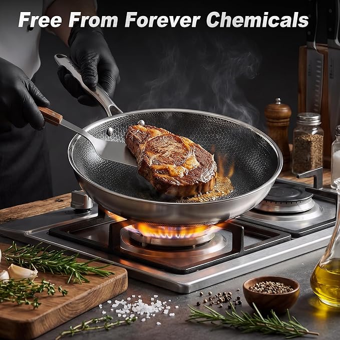 KC-Emier 8 Inch Non-Stick Frying Pan Tri-Ply Stainless Steel Pan with Stay-Cool Handle Oven & Dishwasher Safe For Induction, Ceramic & Gas Stovetops