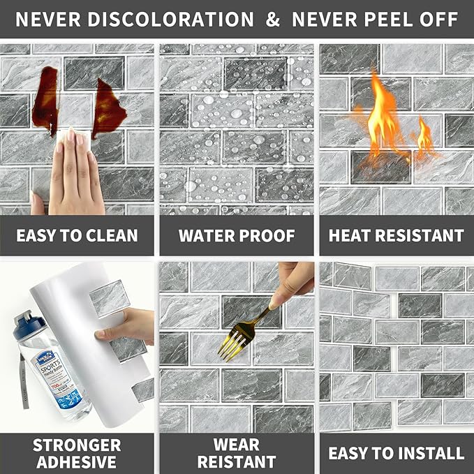 URCOLOR 10-Sheet Stick on Backsplash for Kitchen,12"x12" Peel and Stick Self Adhesive Wall Tiles Back Splashes for Bathroom Light Gray Marble Look