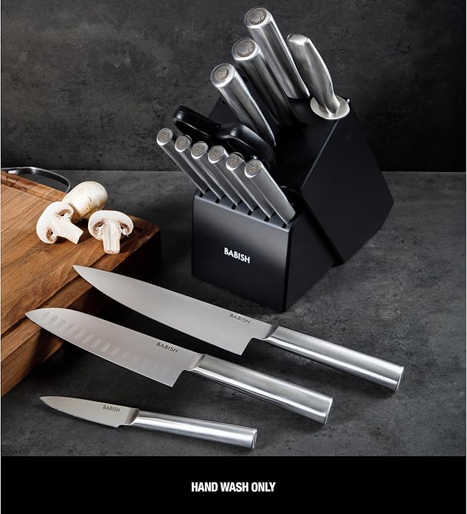Babish High-Carbon 1.4116 German Steel 15 Piece Full Tang Forged Cutlery Kitchen Knife Block Set - Stainless Steel