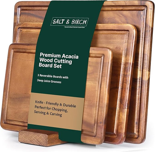 BRUSH HAVEN Salt & Birch Cutting Board - Premium Acacia Wooden Board for Easy Food Prep - Enjoy A Reliable Chopping Board Designed for Versatile Kitchen Use - Perfect for Chefs & Home Cooks- 3 Pcs Set