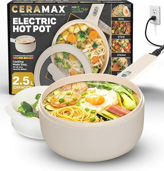 PRO 2.5L Electric Hot Pot with Lid & Steamer, Non Toxic Ceramic Cooker Skillet for Ramen, Eggs, Pasta for Dorms, Camping, RVs, Work, Adjustable Temp. - New Improved 2025 Model