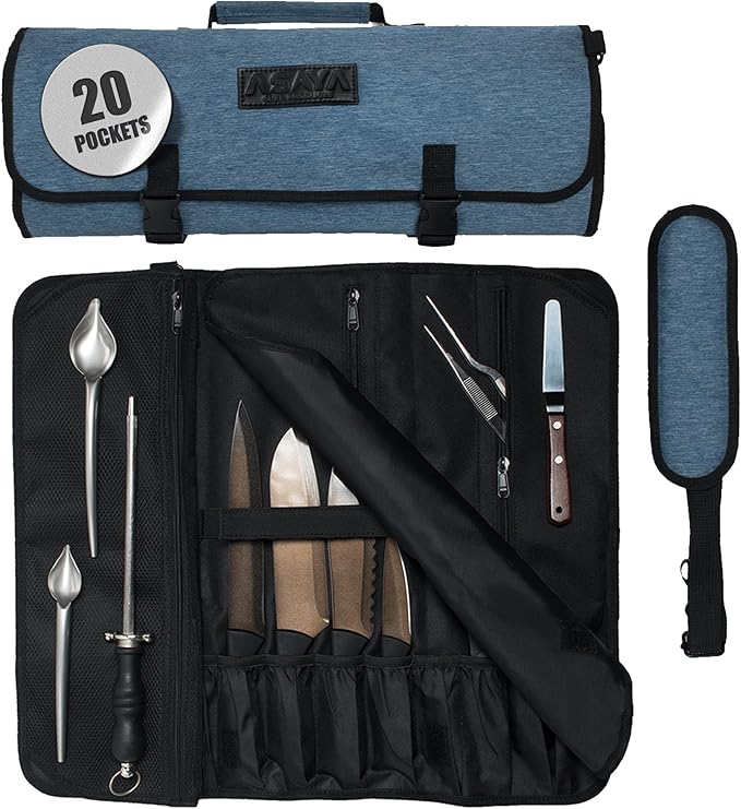 Asaya Chef Knife Roll Bag - 20 Total Pockets for Knives and Kitchen Utensils - Made with Stain Resistant Waxed Nylon - For Chefs and Culinary Students - Knives Not Included(Blue)