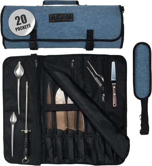 Asaya Chef Knife Roll Bag - 20 Total Pockets for Knives and Kitchen Utensils - Made with Stain Resistant Waxed Nylon - For Chefs and Culinary Students - Knives Not Included(Blue)