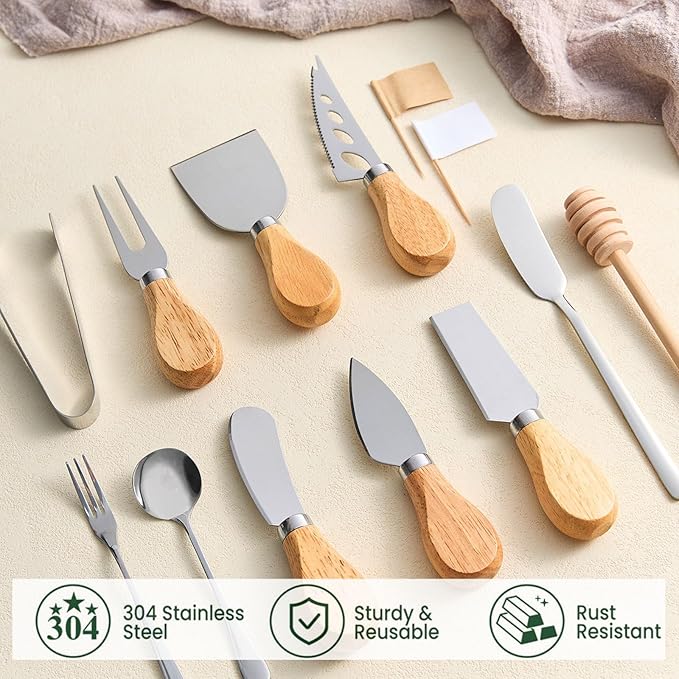 42 pcs Charcuterie Boards Accessories, Cheese Knife Set with Wooden Handle, Cheese Spreaders, Forks, Spoons, Tongs, Honey Dippers and Toothpick Flags