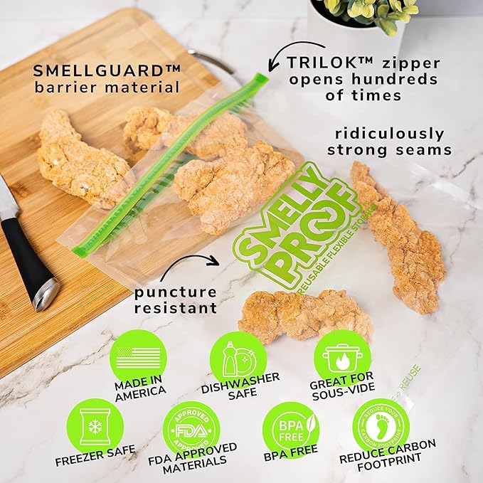 Smelly Proof Reusable Food Storage Bags, Reusable Freezer Bags, MADE IN USA, Dishwasher-Safe, BPA FREE, NO PEVA, XL 3-mil, Extra Large Clear FLAT 10.5" x 12" GALLON, 15-Pack