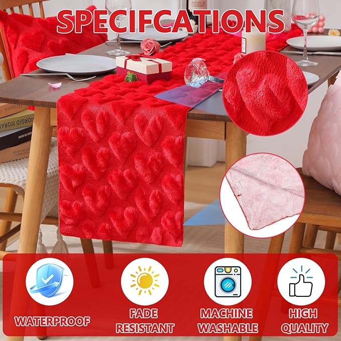 Table Runner 13x108 Inch for Valentine's Day, 3D Heart Shape Winter Holiday Decorative Farmhouse Table Decorations for Kitchen Dinning, Indoor Outdoor Dinner Party Decor (Red)