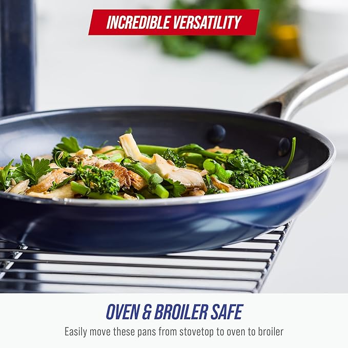 Blue Diamond Nonstick Diamond Infused PFAS-Free Ceramic Pots & Pans, Dishwasher & Oven Safe, Stay Cool Handles, Durable Non Toxic Metal Utensil Safe, Blue, 9.5” & 11" Frying Pan Skillet Set