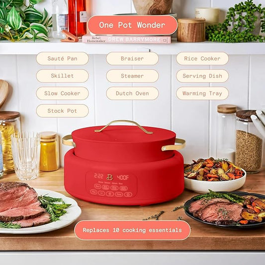 Beautiful 10-in-1 Electric MultiCooker 6 Quart - Programmable Slow Cooker, Sous Vide, Rice Cooker - Sleek Touch Timer & Delayed Start - Kitchen Appliance by Drew Barrymore (Tomato Red)