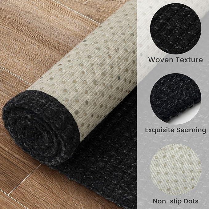 EARTHALL Woven Runner Rug 2x12 Ft Washable Runners for Hallways Extra Long Cotton Non Slip Rubber Backed Kitchen Runner Braided Indoor Floor Carpet for Entryway, Hall, Kitchen, Black/Grey