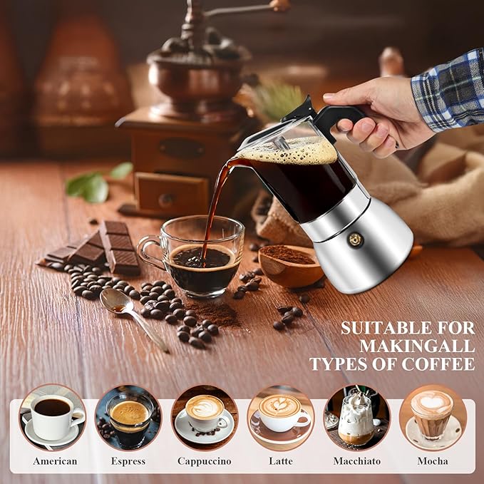 Newdehanm Stovetop Espresso Moka Pot, Crystal Glass-Top & Stainless Steel Italian Coffee maker, 300ml(6cup) (silver)