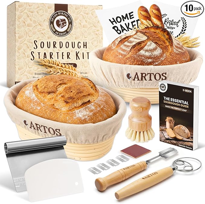 Sourdough Starter Kit | 9" Round & 10" Oval Banneton Bread Proofing Baskets | Sourdough Bread Baking Supplies with Dough Whisk, Scrapers Bread Lame, Cleaning Brush, Detailed Guide & Recipes