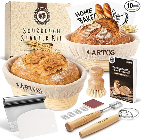 Sourdough Starter Kit | 9" Round & 10" Oval Banneton Bread Proofing Baskets | Sourdough Bread Baking Supplies with Dough Whisk, Scrapers Bread Lame, Cleaning Brush, Detailed Guide & Recipes