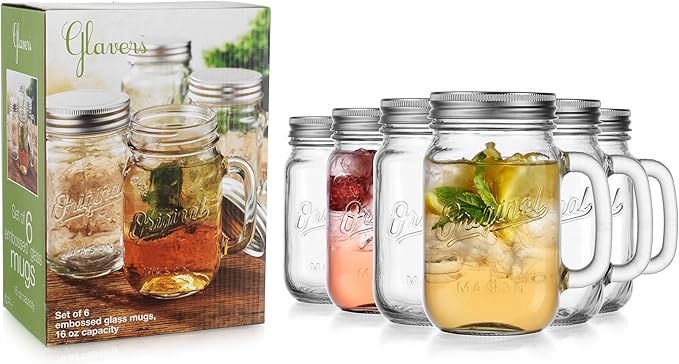Glaver's Mason Jar 16 Oz. Glass Mugs with Handle and Lid Set Of 6 Old Fashioned Drinking Glass Bottles Original Mason Jar Pint Sized Cup Set.