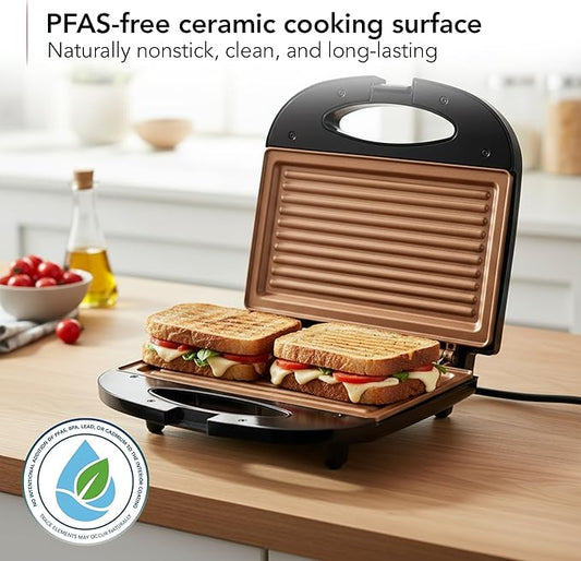 OVENTE Electric Panini Press Grill with Nonstick Plates, LED Indicator Lights, Thermostat Control, Compact Sandwich Maker Perfect for Cooking Breakfast, Steaks, Eggs Snacks & More, Copper GP0110CO