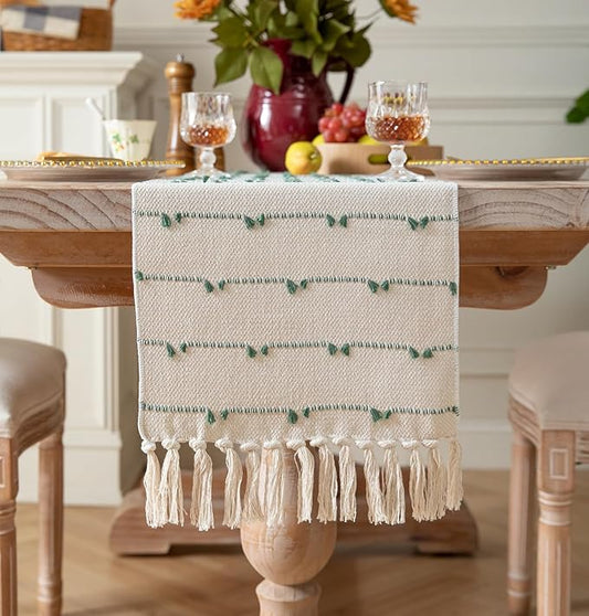 Caflife Boho Table Runner 90 Inchs Long for Modern Farmhouse Room Home Decor, Green and Beige Coffee Table Runner, Natural Cotton Woven with Tassels Neutral, for Kitchen Dining Table Decor