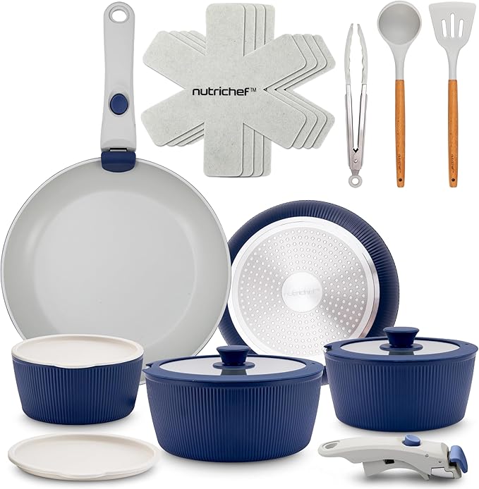 NutriChef 18-Piece Ceramic Cookware Set with Detachable Handles, Non Stick Pots and Pans, PTFE-Free Natural Ceramic Coating, Space-Saving Design, Oven & Stove Safe, Includes Utensils, Blue