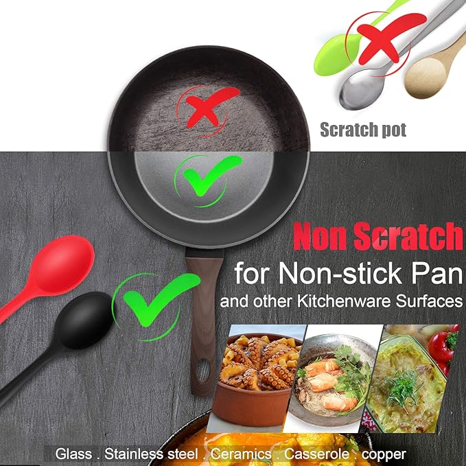 Boao 4 Pcs Silicone Spoons for Cooking 10.6 Inch Large Nonstick Serving Spoons Heat Resistant Slotted Spoon for Mixing & Stirring Kitchen Cooking Utensils, Dishwasher Safe(Black)