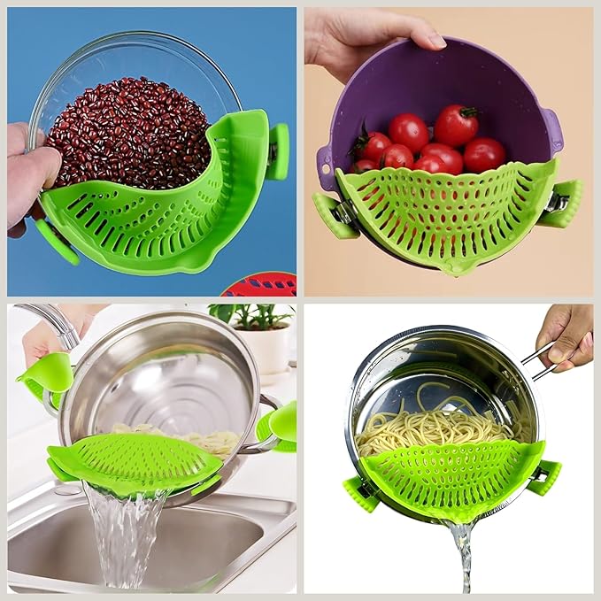 Clip on Strainer Silicone with Silicone Glove | Versatile for All Pans and Pots,Noodle Pasta Pot Strainer Silicone Colander for Vegetables Meat Fruit Spaghetti,Food Strainers(Green)